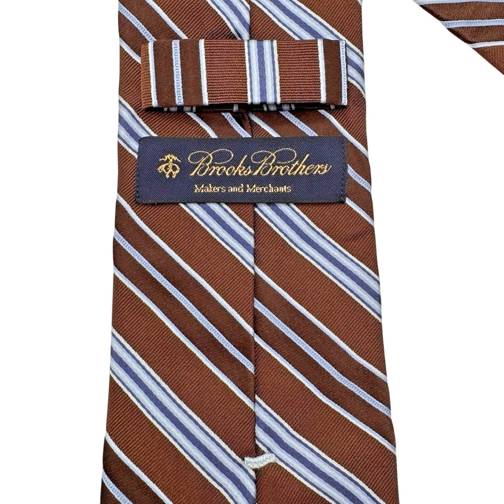 Brooks Brothers Makers Mens Neck Tie Brown Blue Striped 100% Silk USA 58.5" LONG - Picture 3 of 4